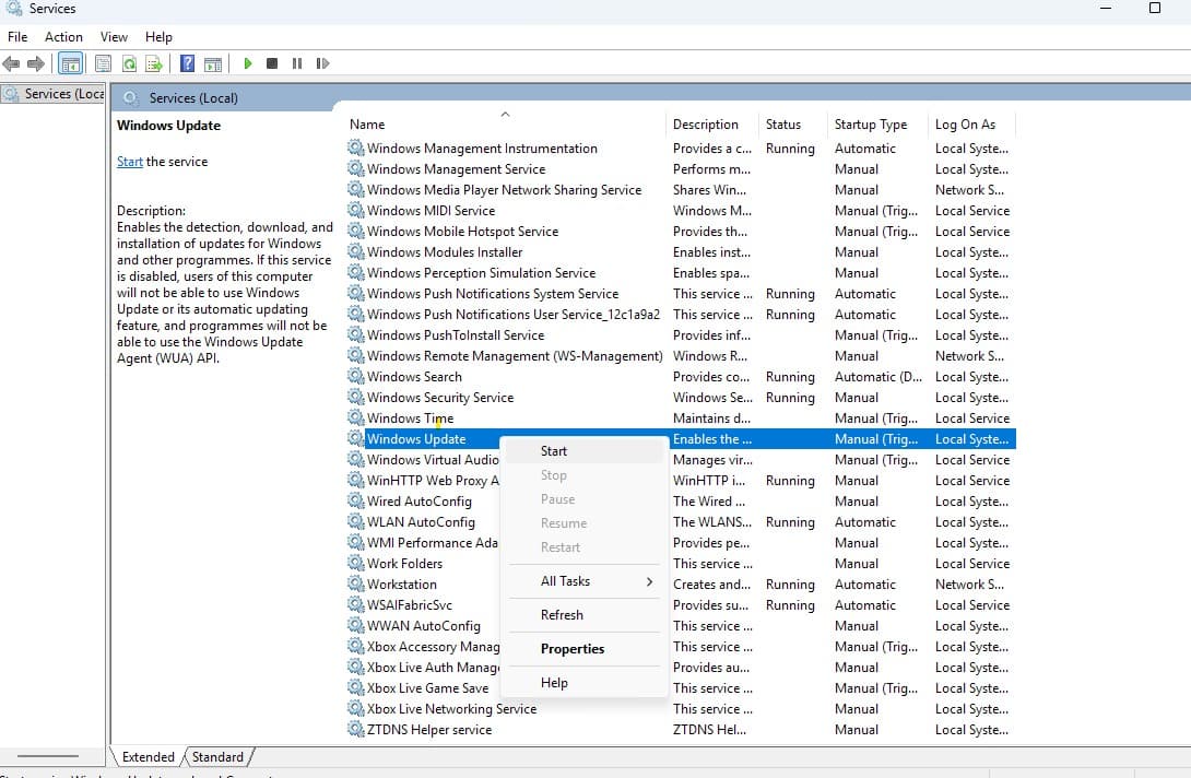 Start restart windows update service
